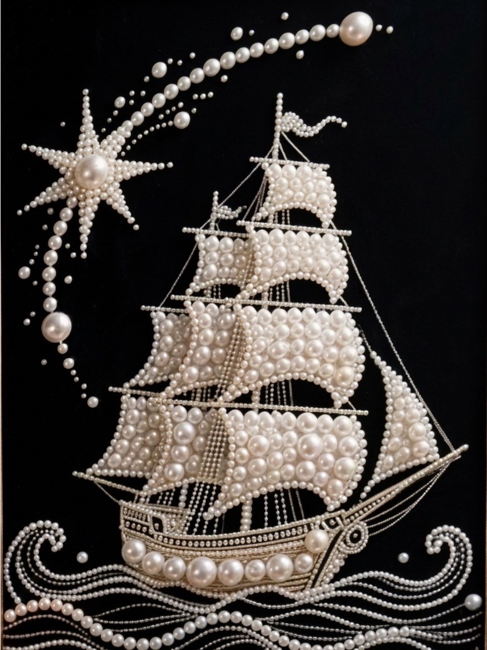 (199P) DIY Pearl Diamond painting kit. Pearl Embellished Sailing Ship Wall Decor
